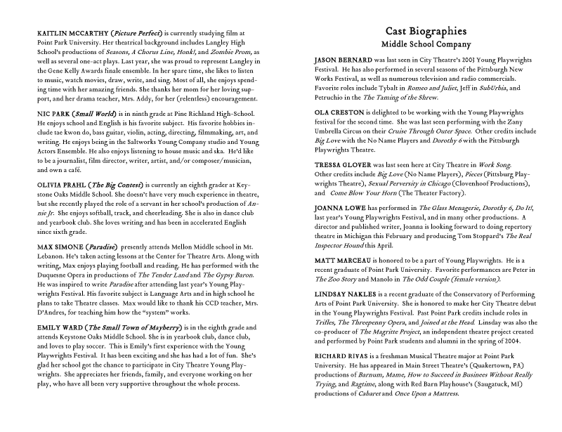 Pages 8 and 9 of the Young Playwrights Playbill
