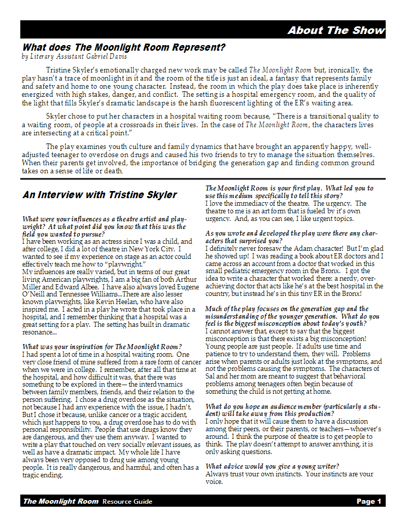 Page 1 of the Moonlight Room Resource Guide